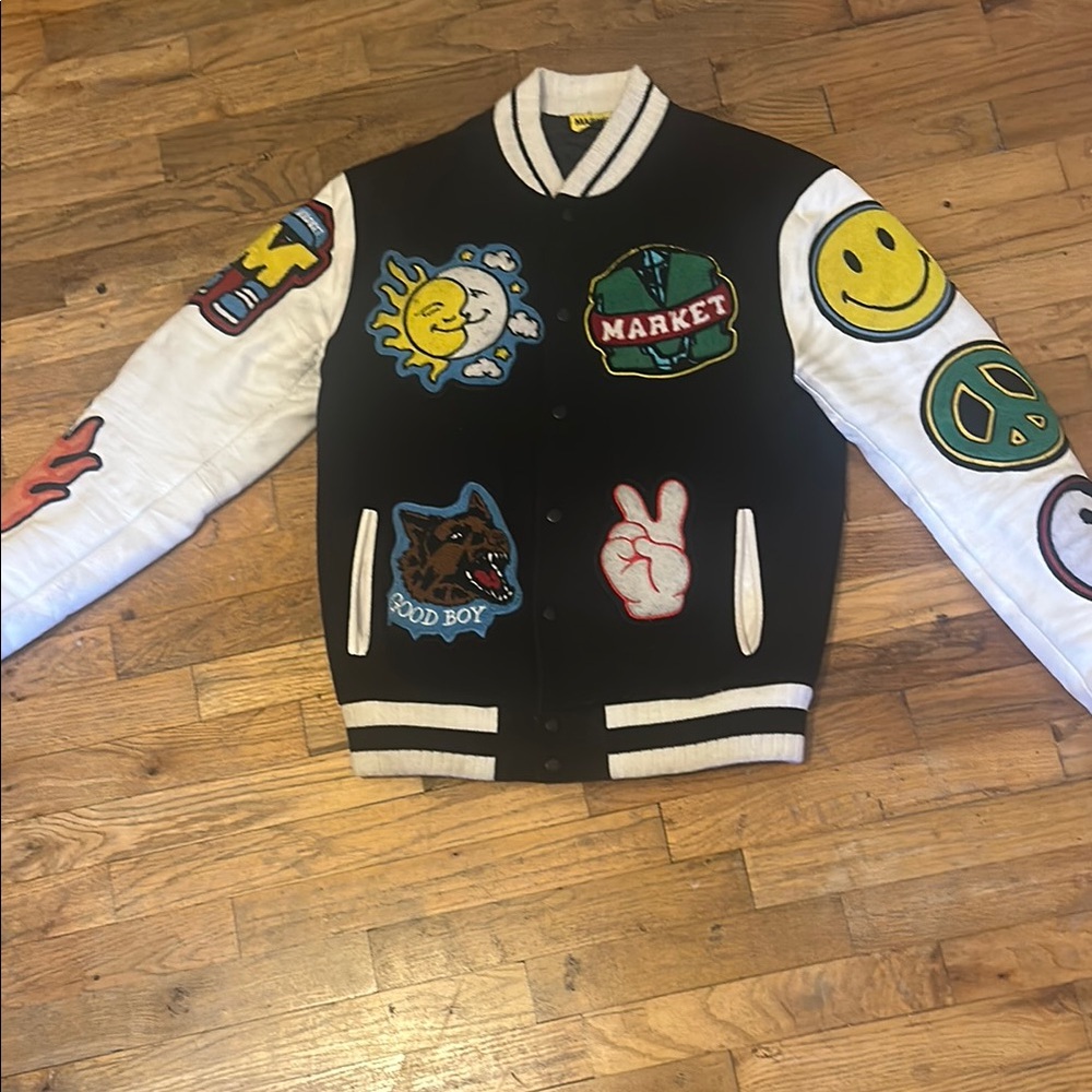 Black and White Varsity Jacket with Patches